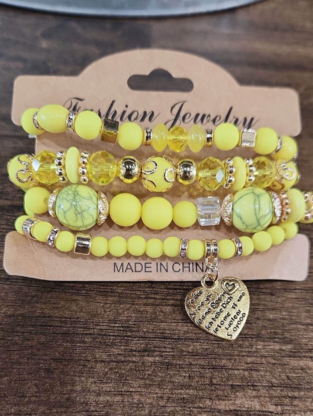 Yellow Beaded Heart Charm Bracelet Set - Fashion Jewelry
